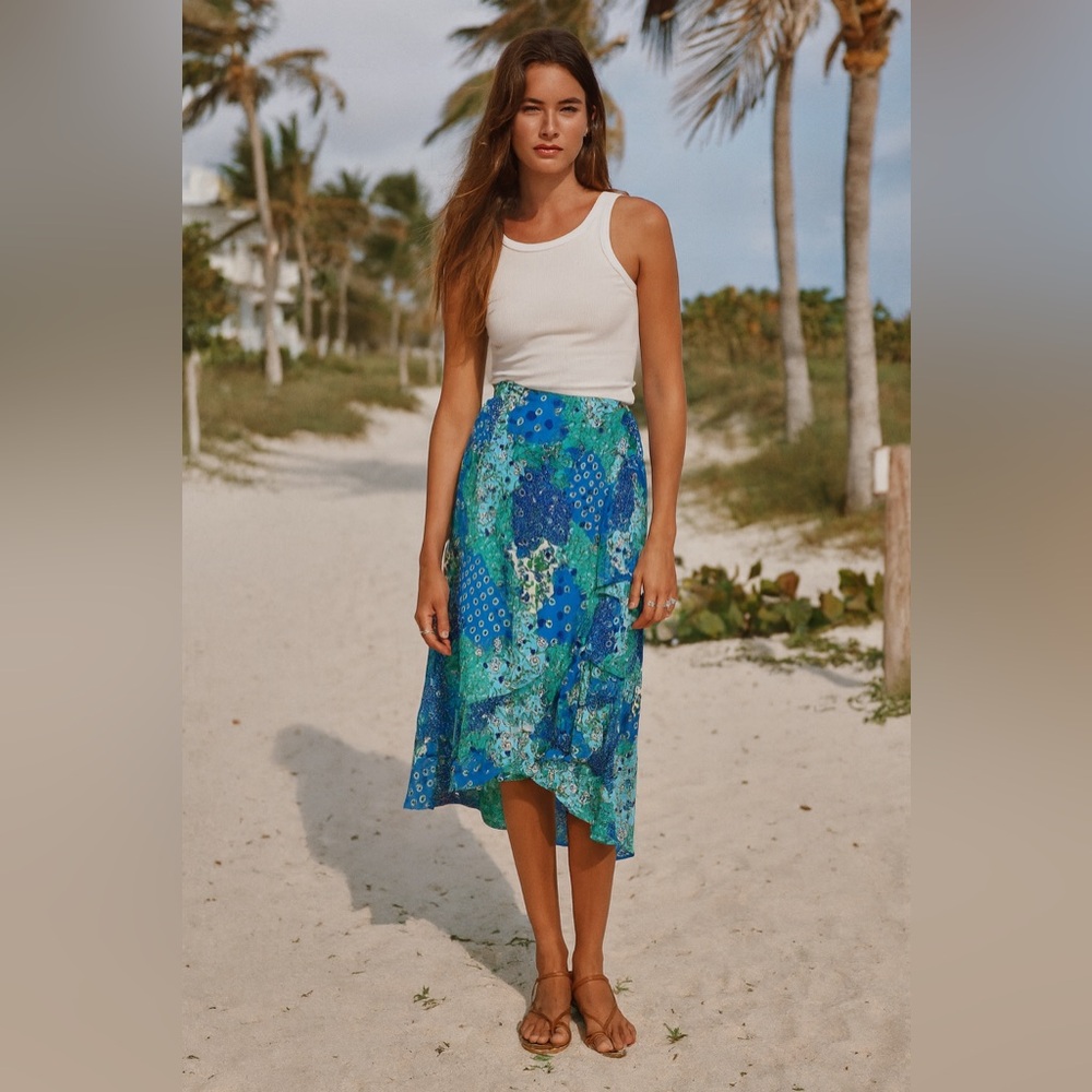 Y2K Vintage Fire Los Angeles Quilt Print Patchwork Asymmetric Ruffle Skirt Larg